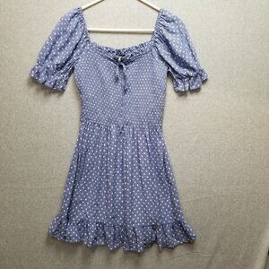 As U Wish Tie Front Smocked Skater Dress Size Small Blue Polka Dots